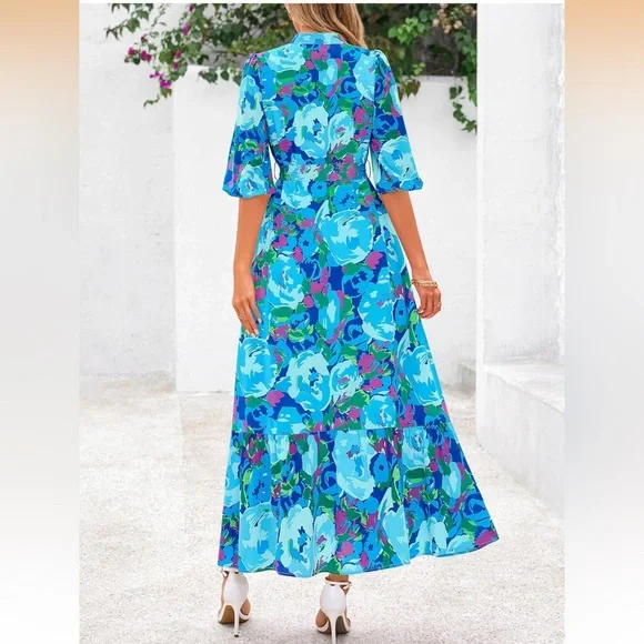 NWOT Blue Multicolor Floral Button Down 3/4 Puff Sleeve Easter Maxi Dress Small - Picture 4 of 12